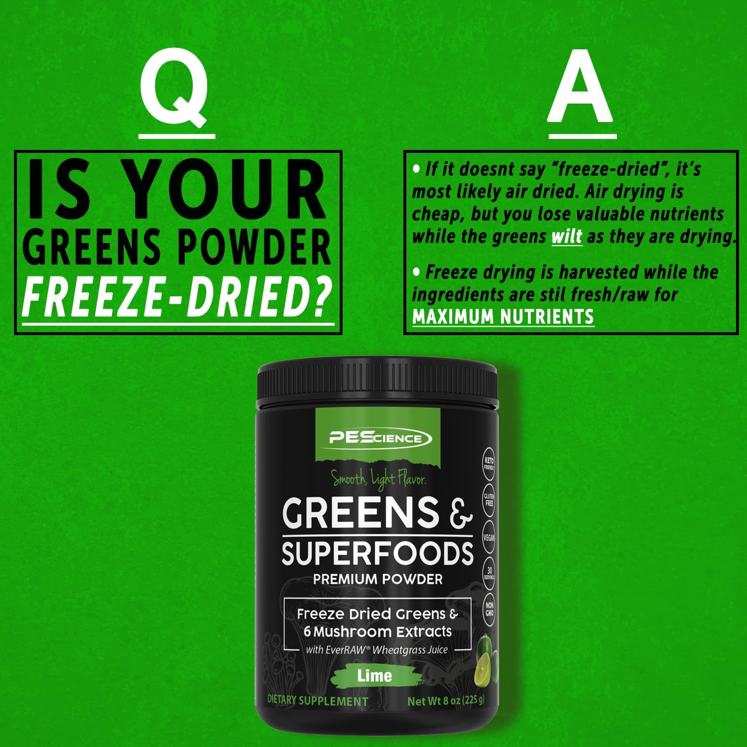 PEScience Lime Greens Superfoods Powder - 30 Servings, Natural Chlorophyll & Turkey Tail Mushroom Blend