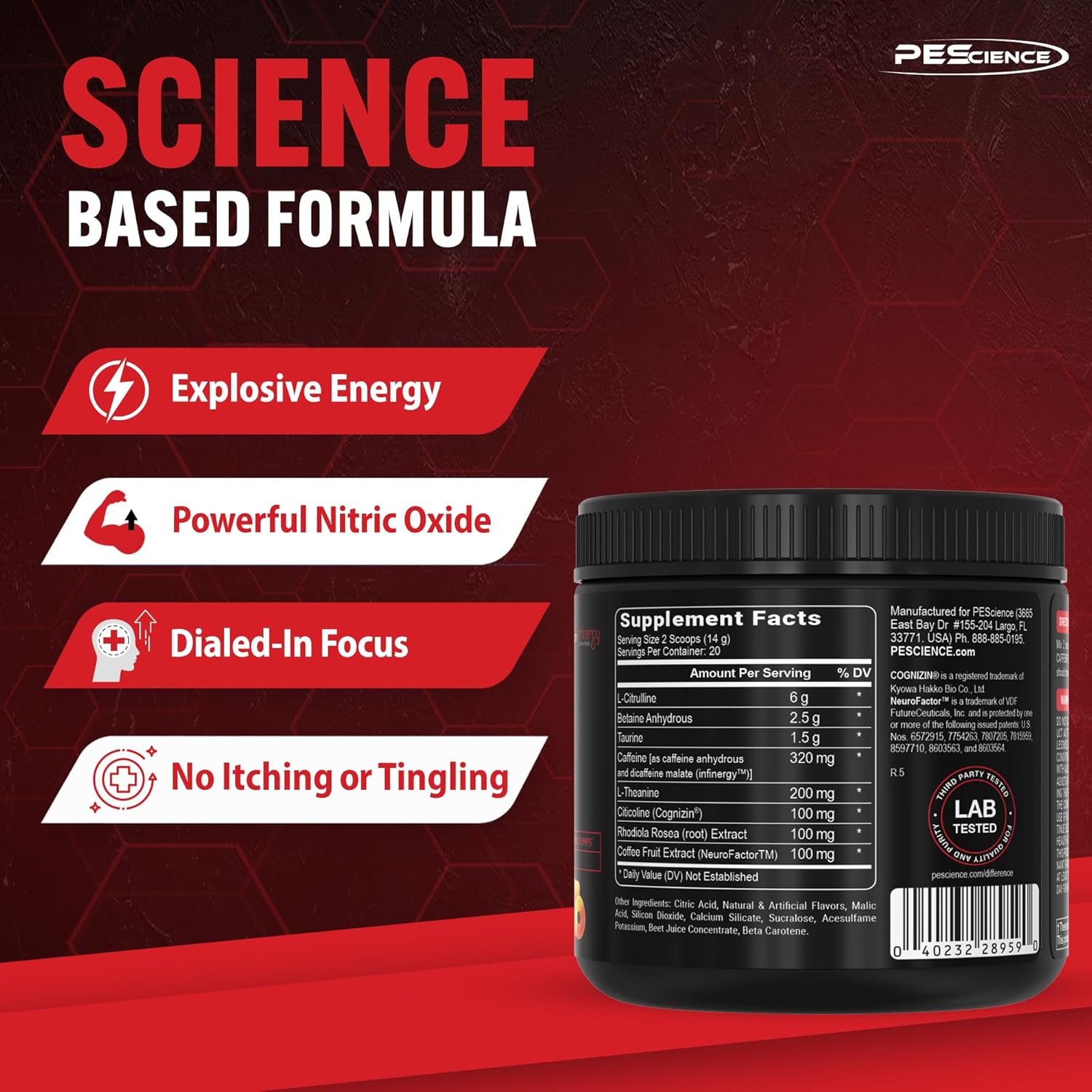 PEScience Pre Workout Stack: Sour Peach Candy Flavor, Nitric Oxide Booster, L-Arginine & L-Citrulline, 40 & 36 Scoops, Pre Workout Powder for Men & Women
