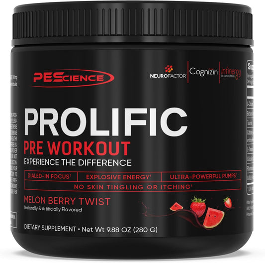 PEScience Prolific Pre Workout Energy Supplement - Melon Berry Twist Flavor - 40 Scoops - Includes Nitric Oxide Booster