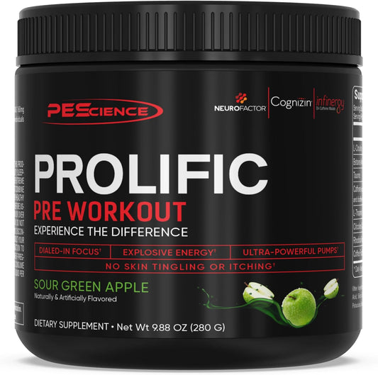 PEScience Prolific Sour Green Apple Pre Workout Powder - 40 Scoop Energy Supplement with Nitric Oxide