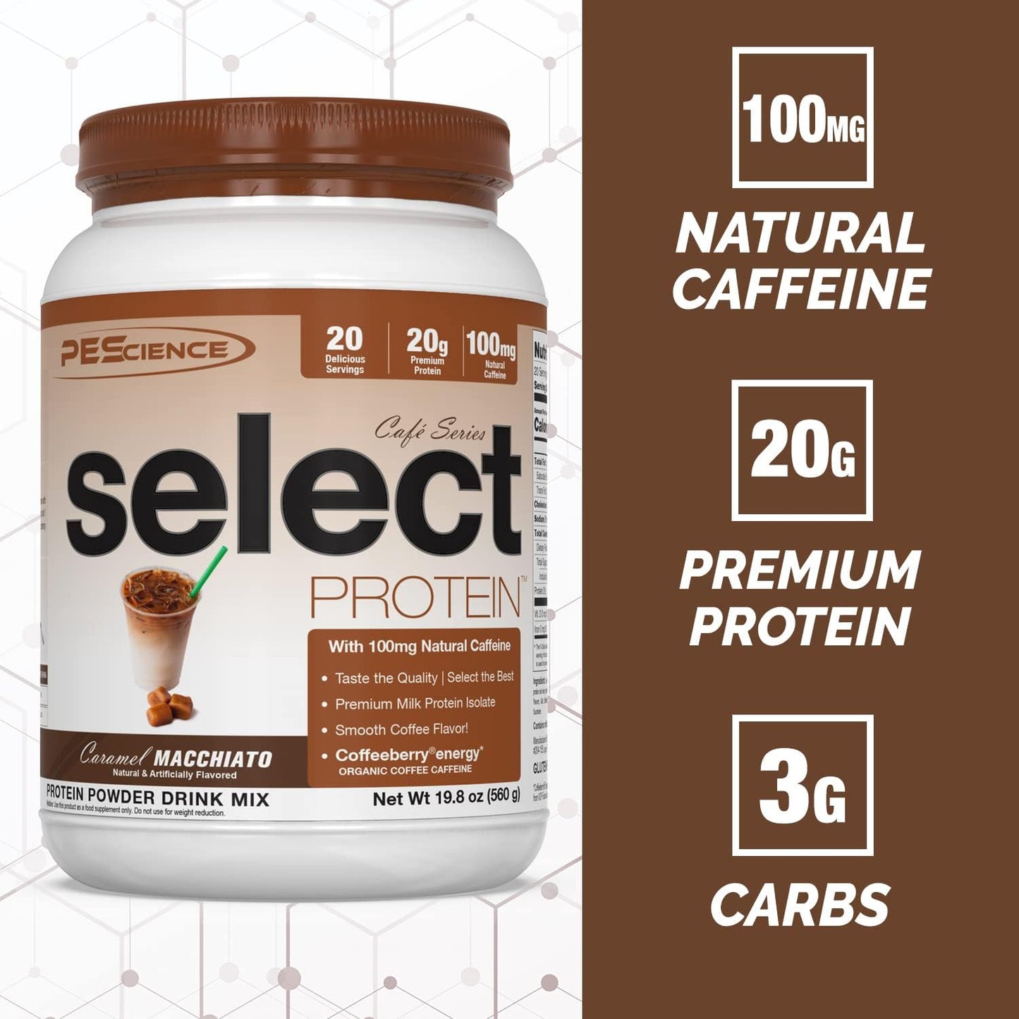 PEScience Select Cafe Protein, Caramel Macchiato Flavor, 20 Servings, Coffee Whey & Casein Blend