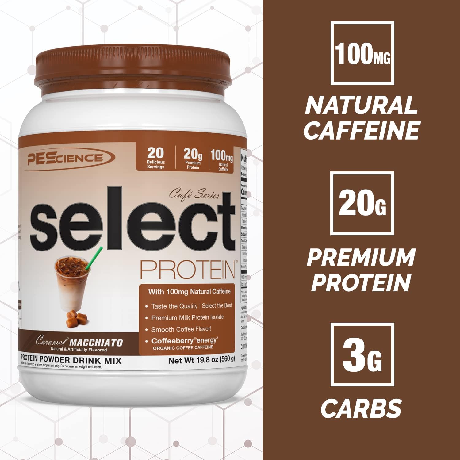 PEScience Select Cafe Protein, Caramel Macchiato Flavor, 20 Servings, Coffee Whey & Casein Blend