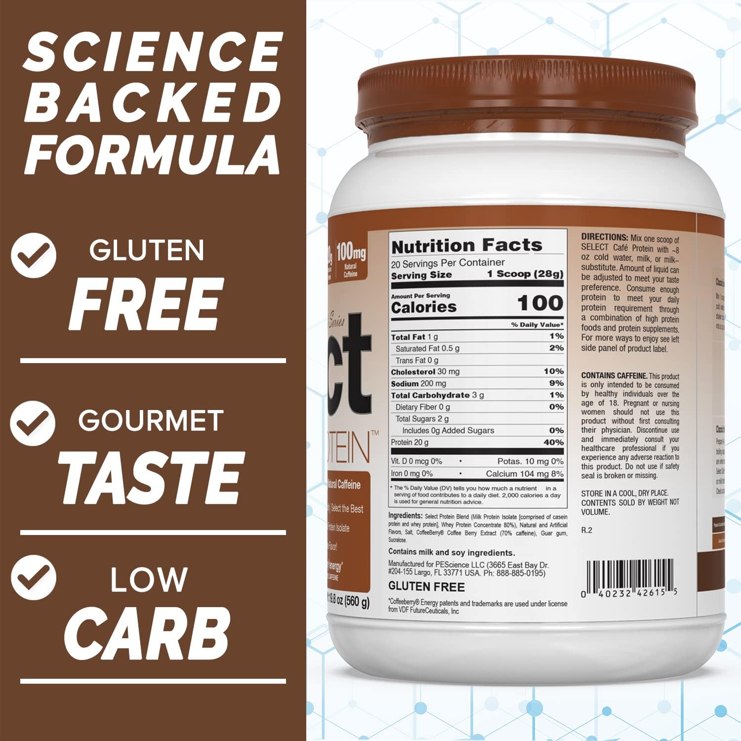 PEScience Select Cafe Protein, Caramel Macchiato Flavor, 20 Servings, Coffee Whey & Casein Blend