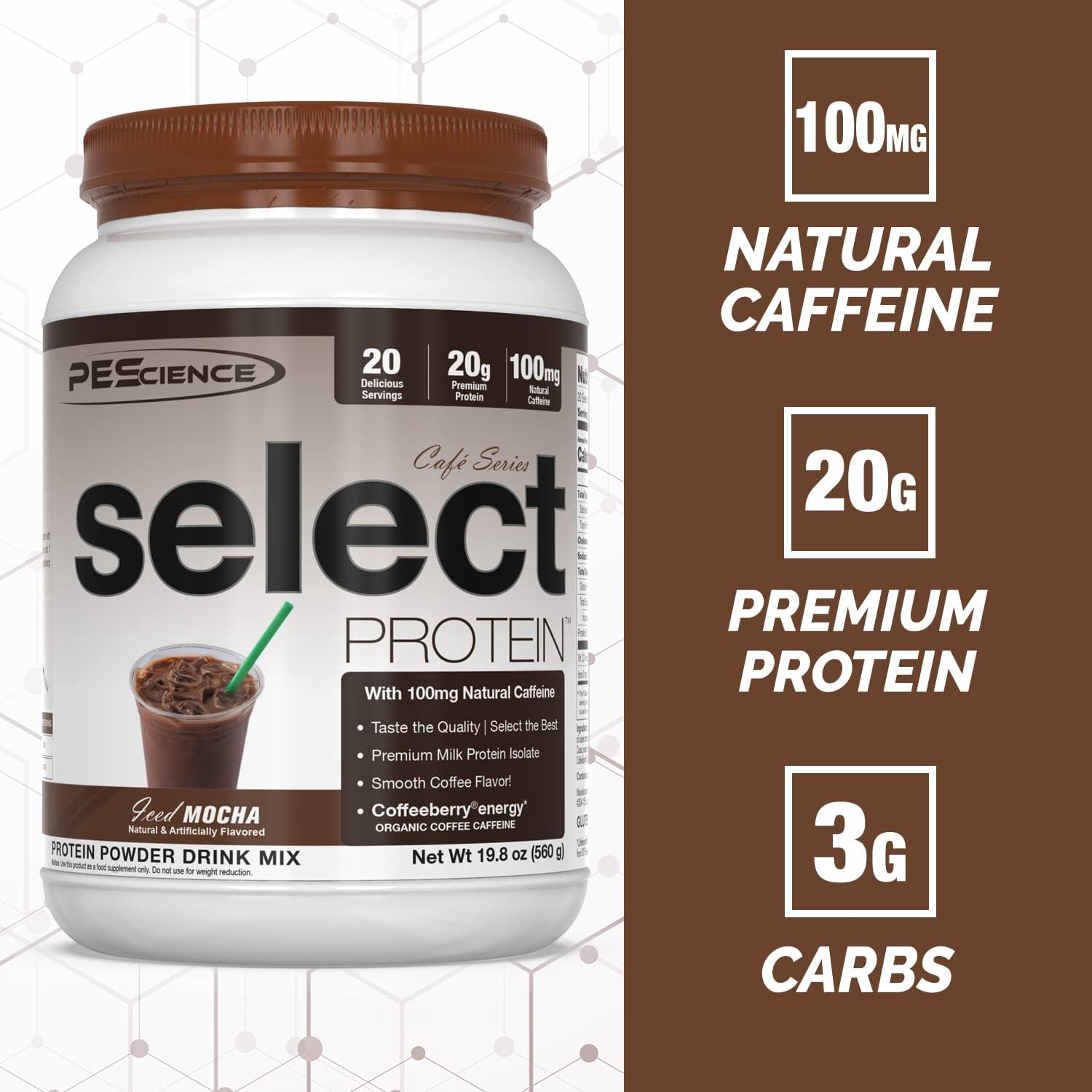 PEScience Select Cafe Protein, Iced Mocha Flavor, 20 Servings, Whey and Casein Blend for Coffee Lovers