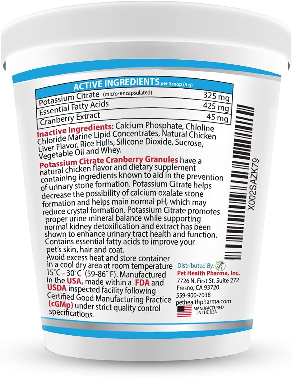 Pet Health Pharma Potassium Citrate Cranberry Granules 300gm - Urinary Tract Support for Cats and Dogs - Prevents Calcium Oxalate Stones - Made in U.S.A