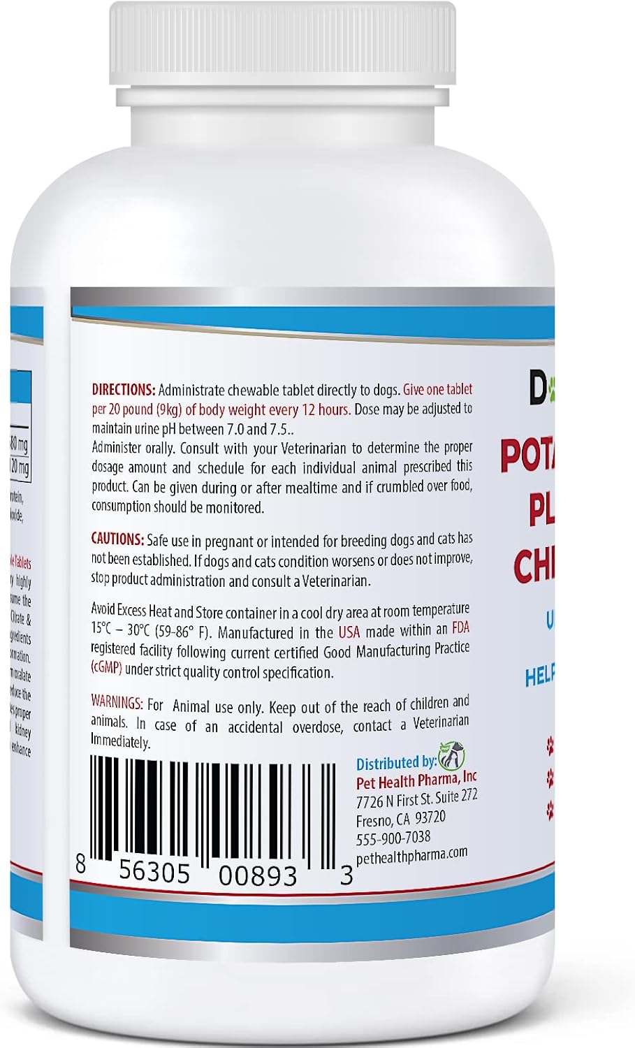 Pet Health Pharma Potassium Citrate & Cranberry Supplement for Dogs - 100 Tablets - Urinary Tract Support - Prevents Calcium Oxalate Stones - Bladder & Kidney Stone Deterrent - Made in USA