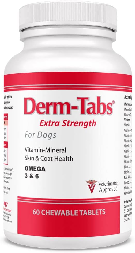 Pet Health Solutions Derm Tabs Extra Strength - 60 Chewable Tablets with Natural Oils, Vitamins, Minerals, Antioxidants - Promote Healthy Skin & Reduce Shedding