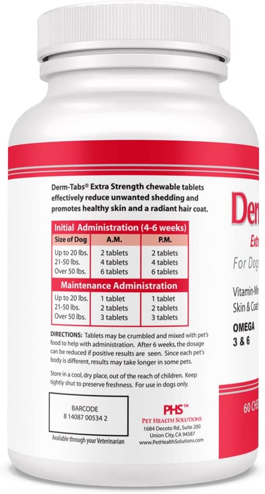 Pet Health Solutions Derm Tabs Extra Strength - 60 Chewable Tablets with Natural Oils, Vitamins, Minerals, Antioxidants - Promote Healthy Skin & Reduce Shedding