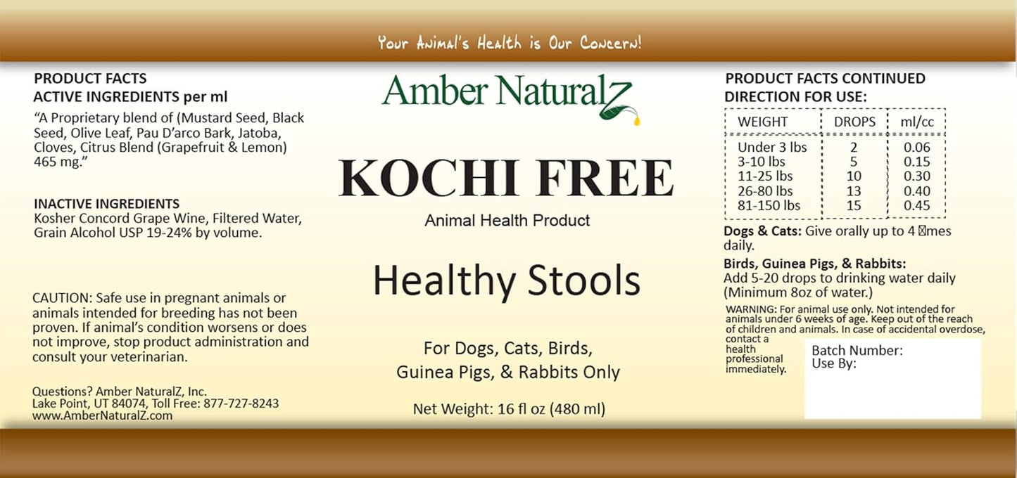 Pet Herbal Supplement for Healthy Stool Support - Amber NaturalZ Kochi Free Herbal Formula | 16 oz Glass Bottle | Made in USA