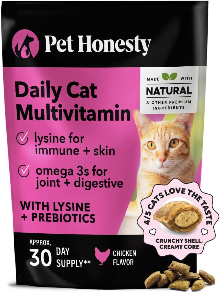 Pet Honesty Cat Multivitamin Crunchy & Creamy Chews - Cat Treats for Health + Immune Support, Joint Care, Skin & Coat Health, Digestive Health - Omega 3s, Lysine & Probiotic Vitamins - 30 Day Supply