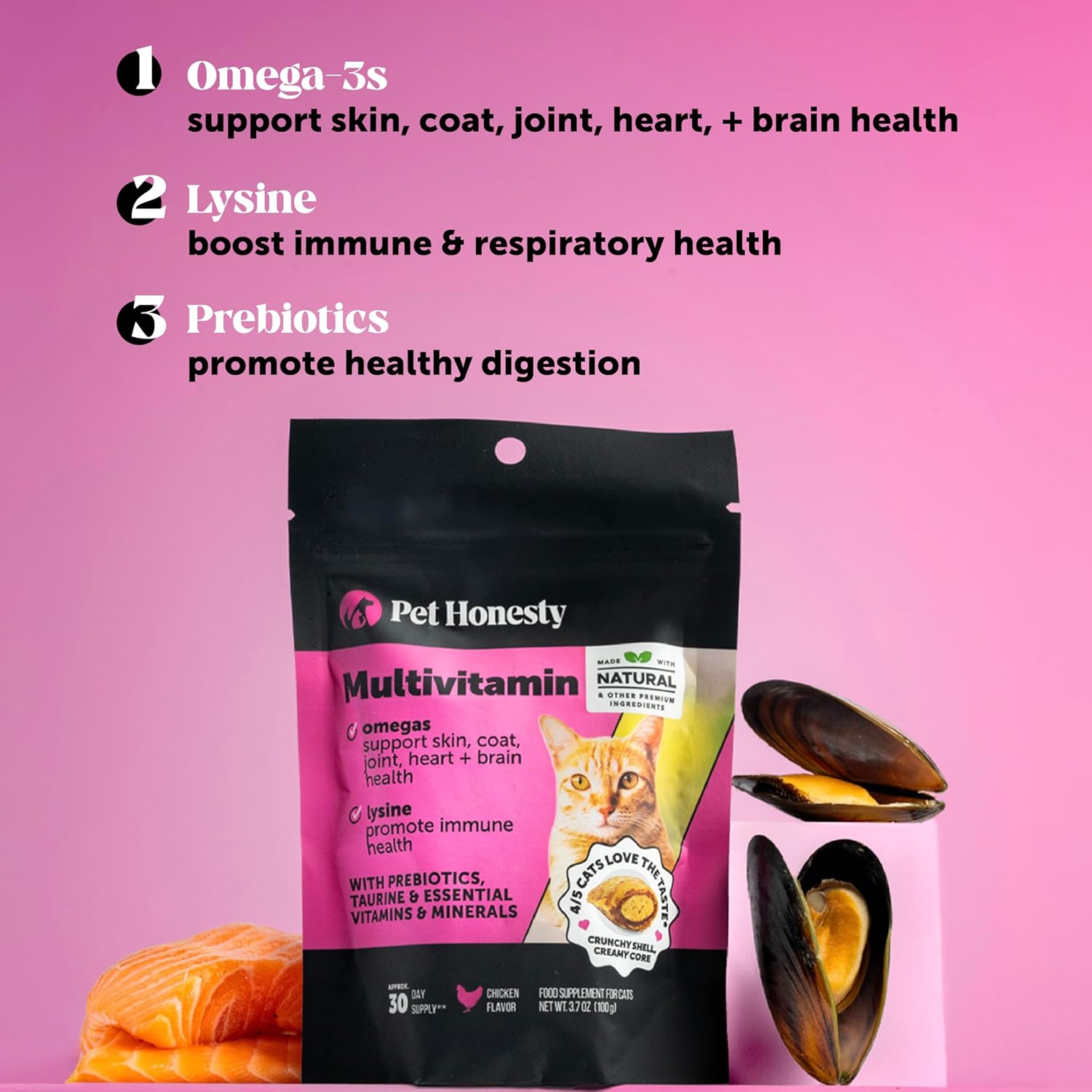 Pet Honesty Cat Multivitamin Crunchy & Creamy Chews - Cat Treats for Health + Immune Support, Joint Care, Skin & Coat Health, Digestive Health - Omega 3s, Lysine & Probiotic Vitamins - 30 Day Supply