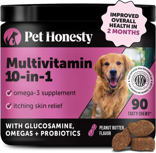 Pet Honesty Multivitamin Dog Supplement with Glucosamine, Probiotics, Omega Fish Oil - Skin & Coat Allergy Support (Peanut Butter, 90 ct)