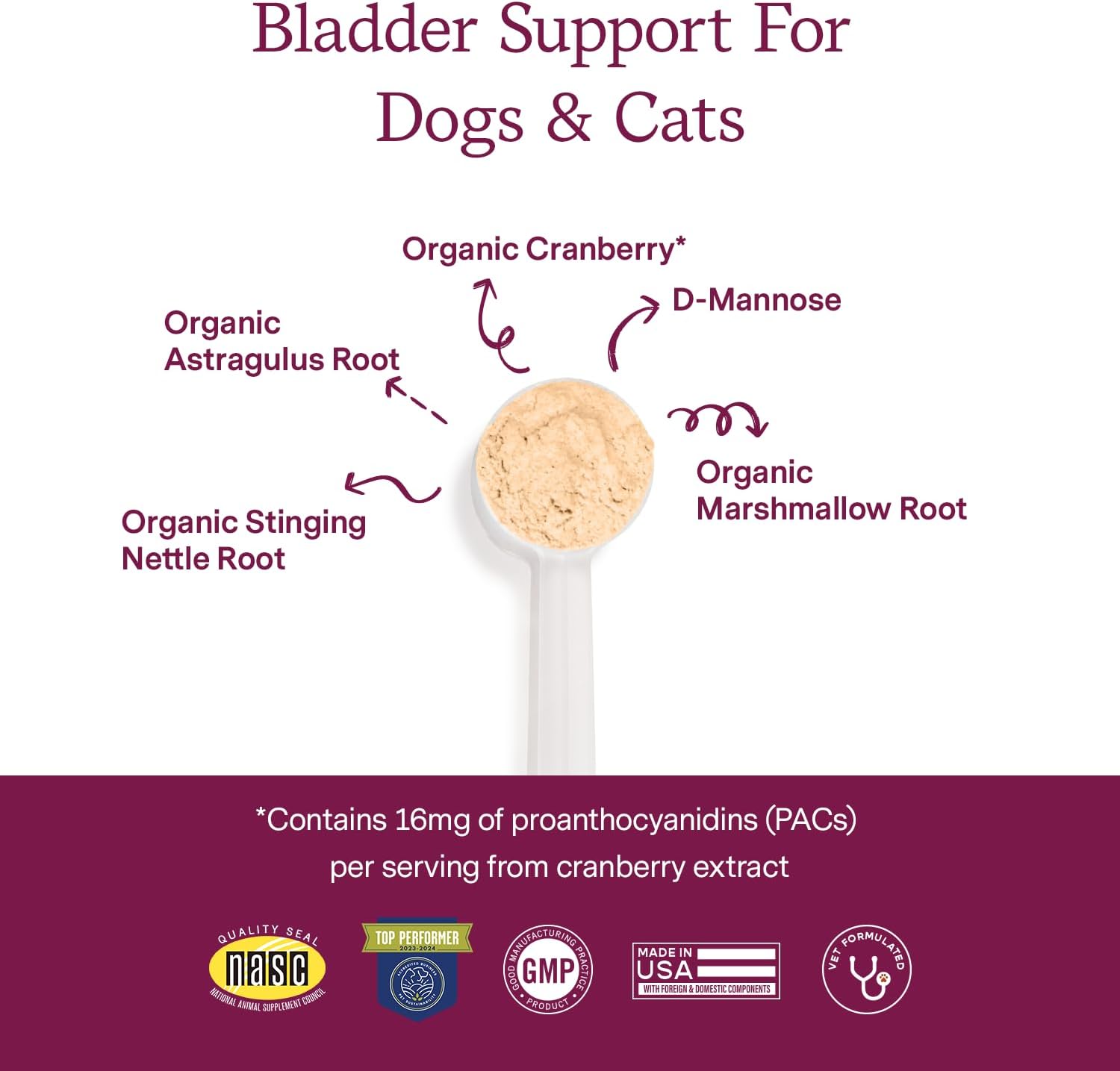 Pet Organics Bladder Cranberry Supplement for Dogs & Cats - Vet Formulated - Supports Kidney & Urinary Health - D-Mannose & Cranberry - 60 Scoops