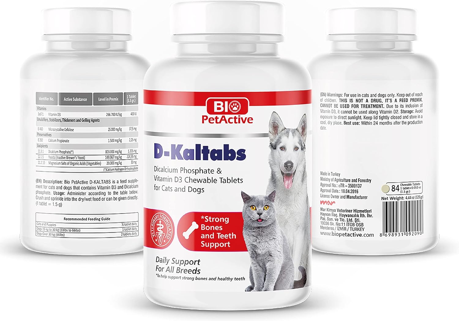 Pet Supplement: Bio Pet Active D-Kaltabs - Phosphorus, Calcium, Vitamin D3 for Dogs & Cats - Prenatal Vitamins - 84 Chewable Tablets