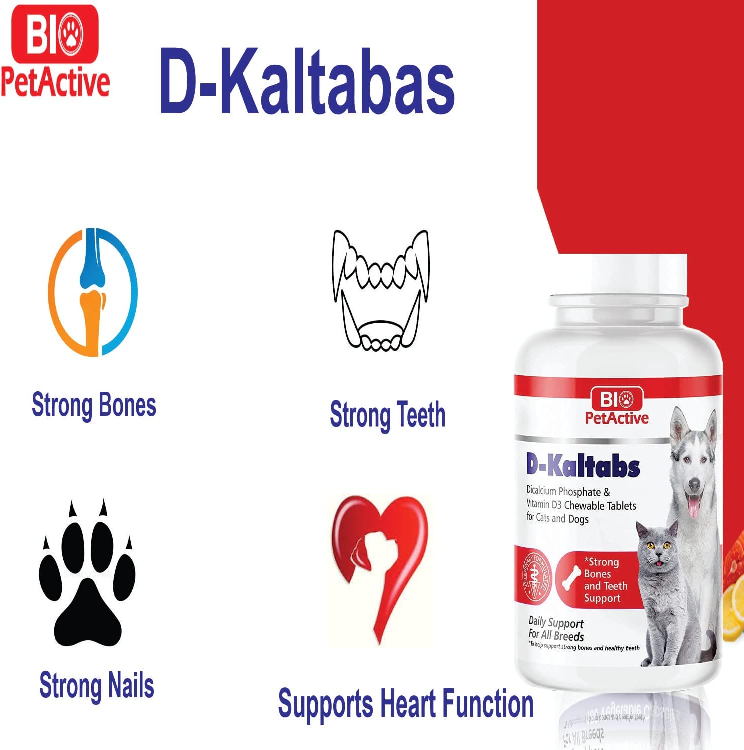 Pet Supplement: Bio Pet Active D-Kaltabs - Phosphorus, Calcium, Vitamin D3 for Dogs & Cats - Prenatal Vitamins - 84 Chewable Tablets