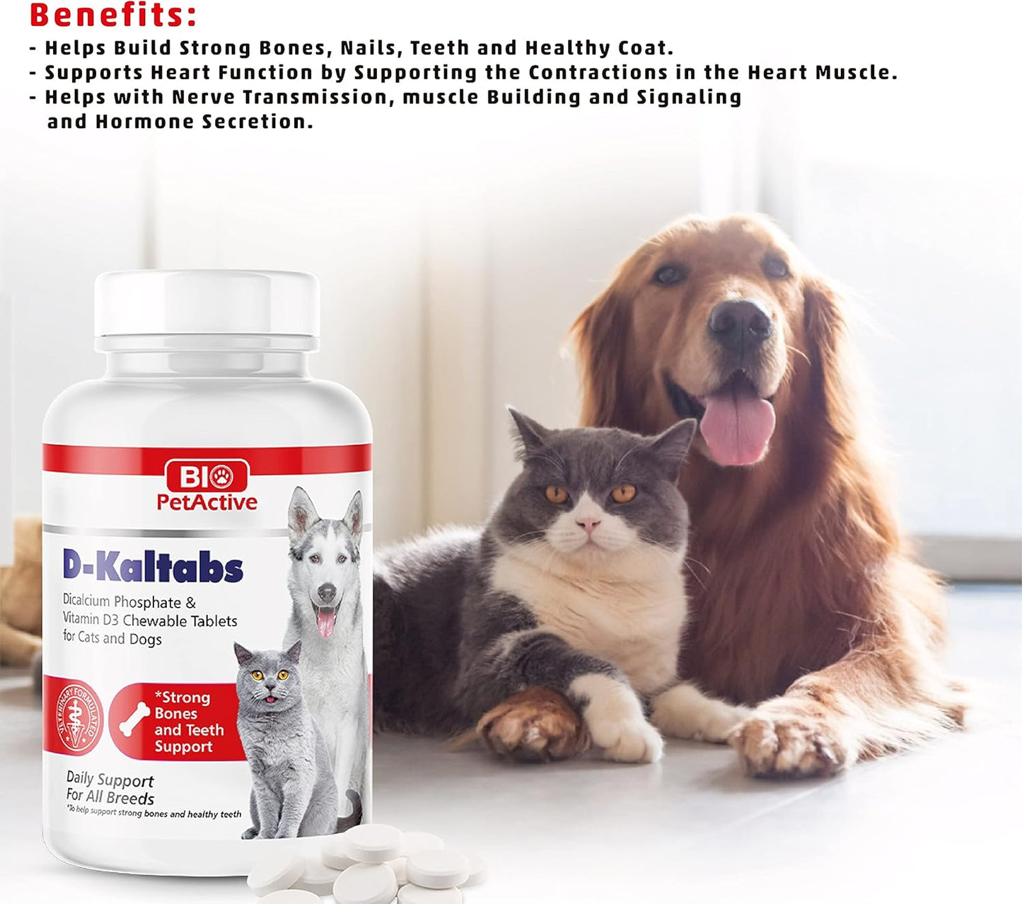 Pet Supplement: Bio Pet Active D-Kaltabs - Phosphorus, Calcium, Vitamin D3 for Dogs & Cats - Prenatal Vitamins - 84 Chewable Tablets