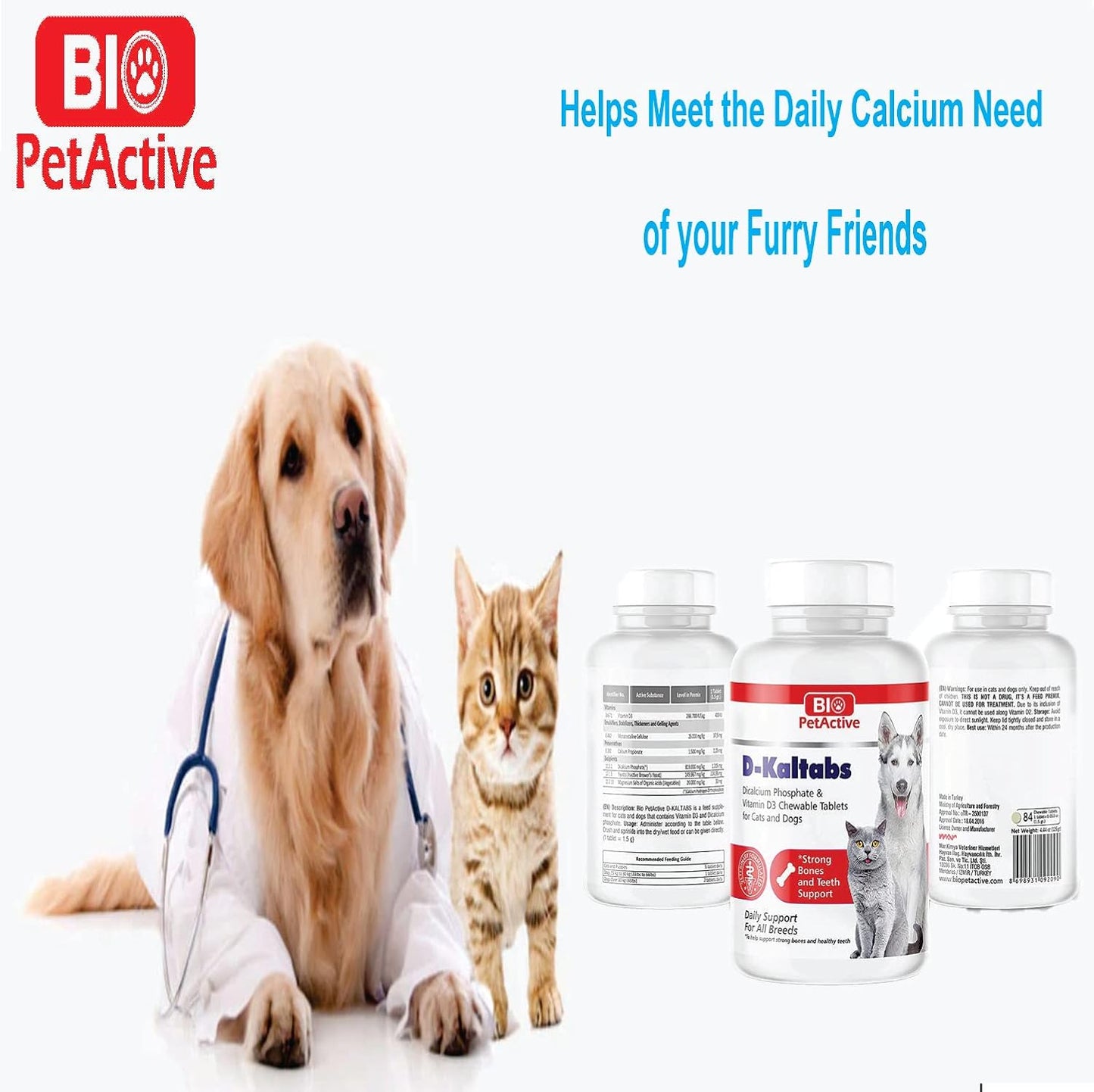 Pet Supplement: Bio Pet Active D-Kaltabs - Phosphorus, Calcium, Vitamin D3 for Dogs & Cats - Prenatal Vitamins - 84 Chewable Tablets
