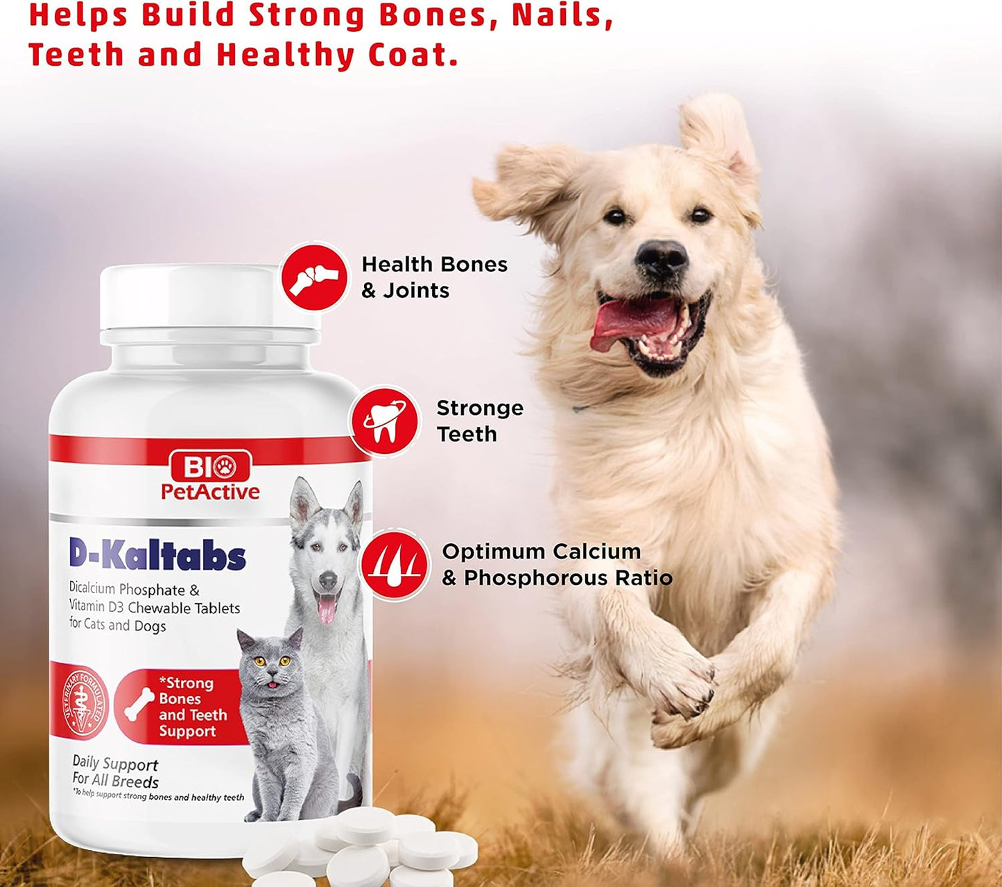 Pet Supplement: Bio Pet Active D-Kaltabs - Phosphorus, Calcium, Vitamin D3 for Dogs & Cats - Prenatal Vitamins - 84 Chewable Tablets