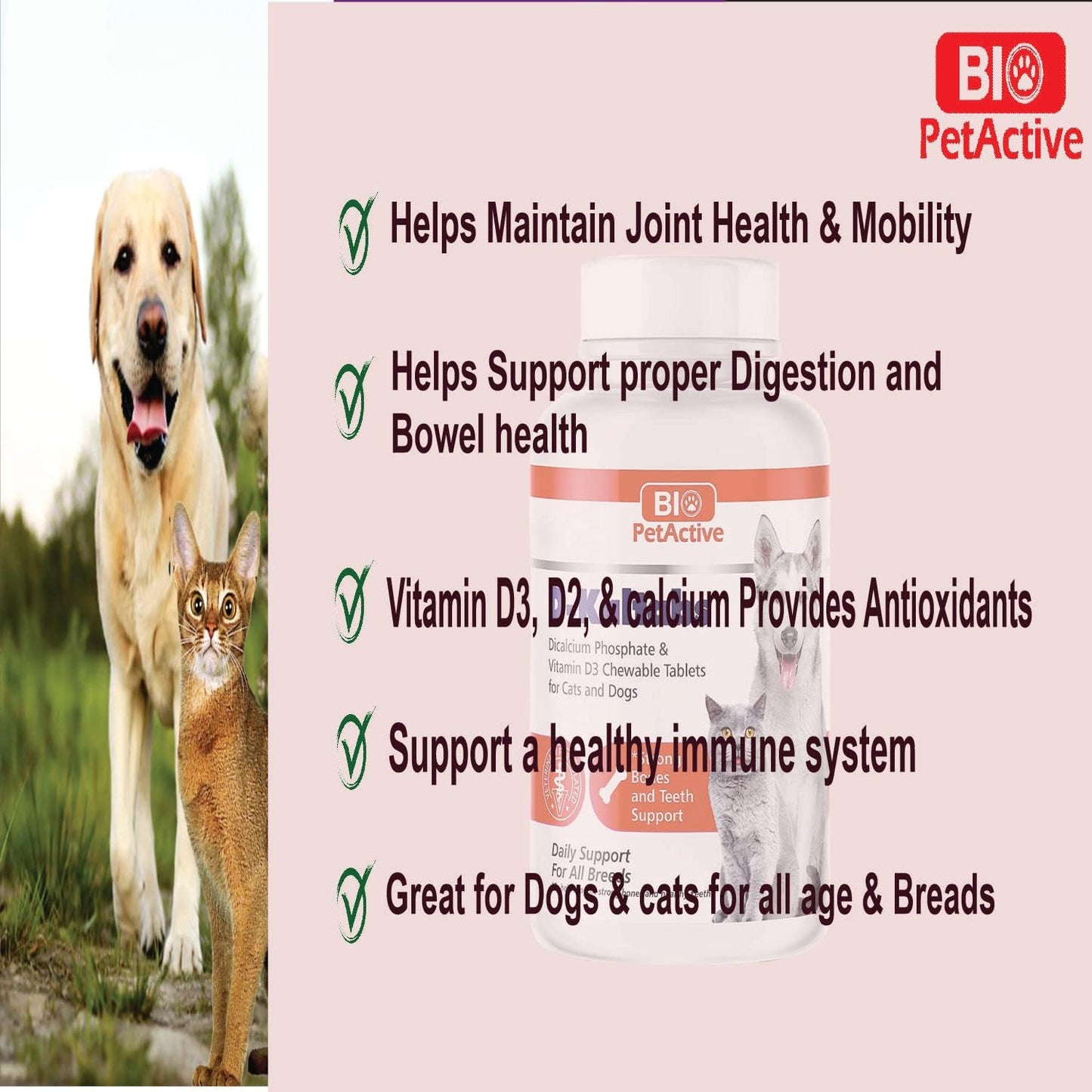 Pet Supplement: Bio Pet Active D-Kaltabs - Phosphorus, Calcium, Vitamin D3 for Dogs & Cats - Prenatal Vitamins - 84 Chewable Tablets