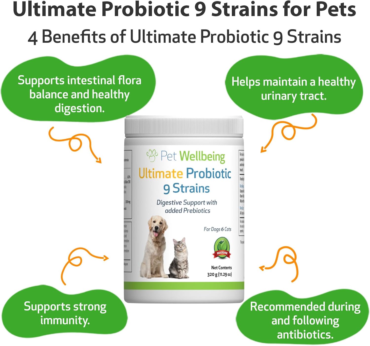 Pet Wellbeing Ultimate Probiotic Powder for Dogs & Cats - 9 Strains, 2.5 Billion CFU, Gut & Immune Support - 11.29 oz