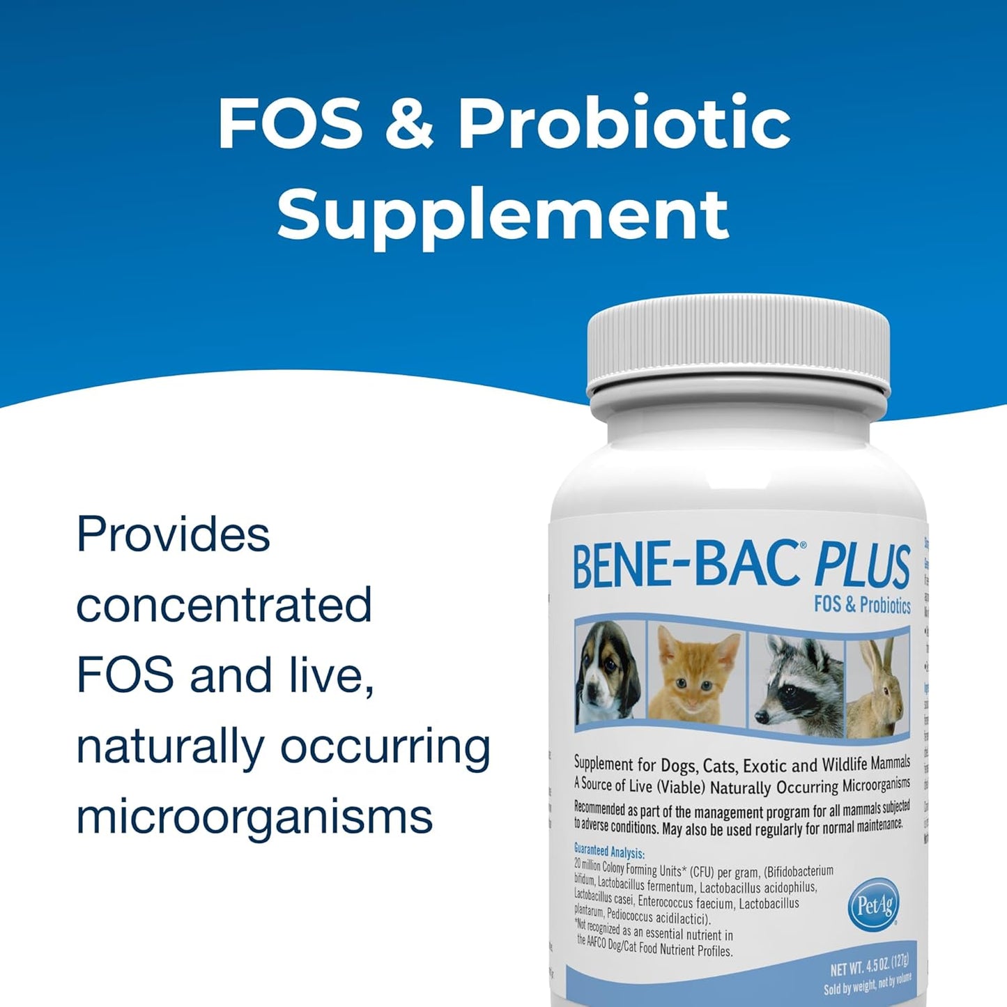 PetAg Pet-Ag Bene-Bac Plus Powder for Dogs, Cats, Exotic & Wildlife Mammals - 4.5 oz with FOS & Probiotics