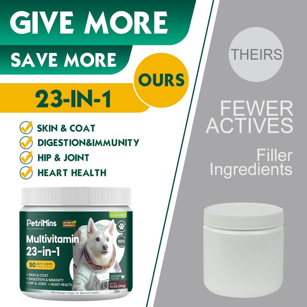 PetriMins 23-in-1 Multivitamin for Dogs, 90-Count, Chicken Flavor, Supports Joint Mobility and Digestive Health