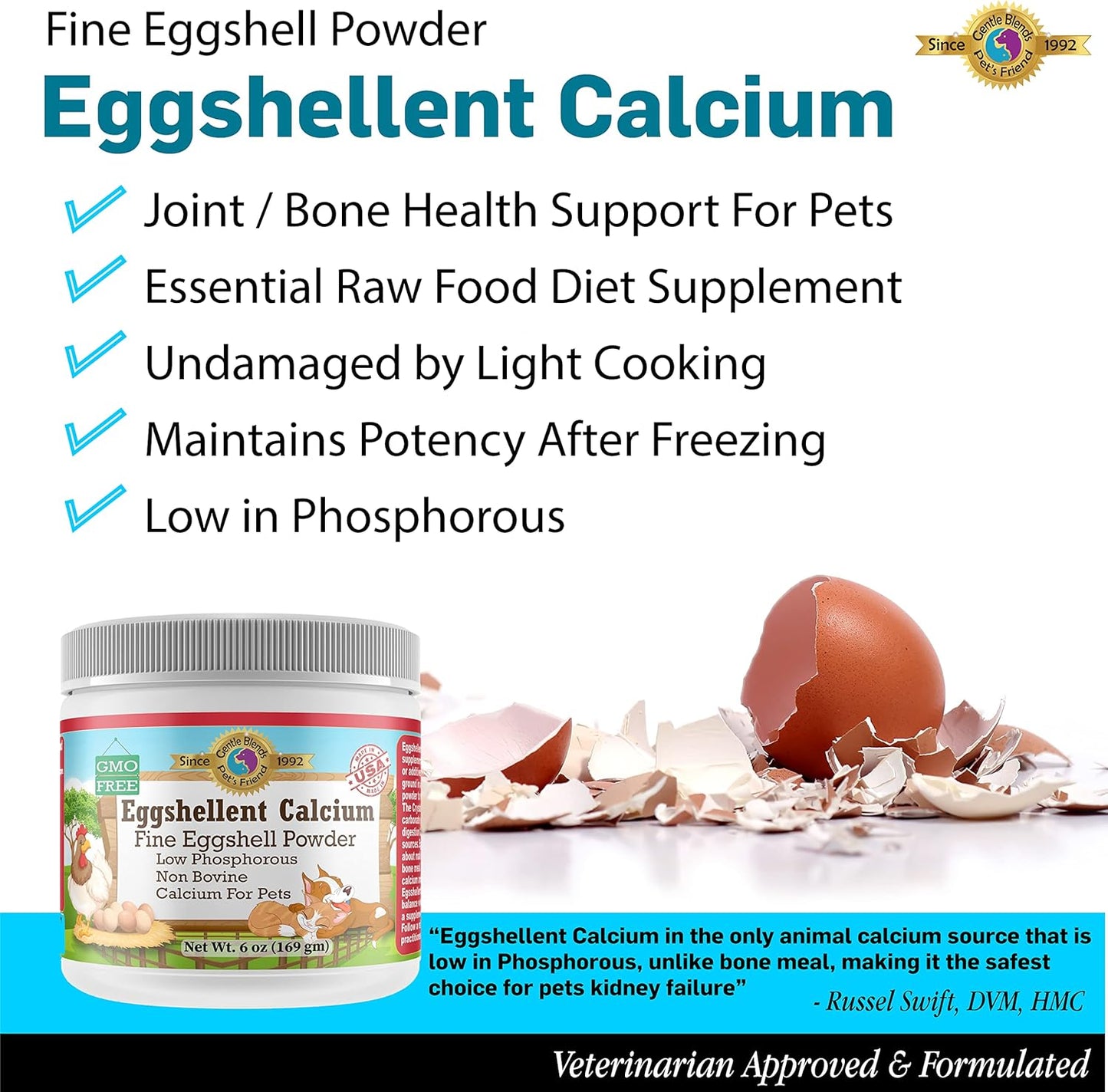 Pet's Friend Eggshellent Calcium 6oz - Calcium Supplement for Dogs and Cats - Natural Hip & Joint Support - Fine Eggshell Powder - No Additives - Dietary Supplement