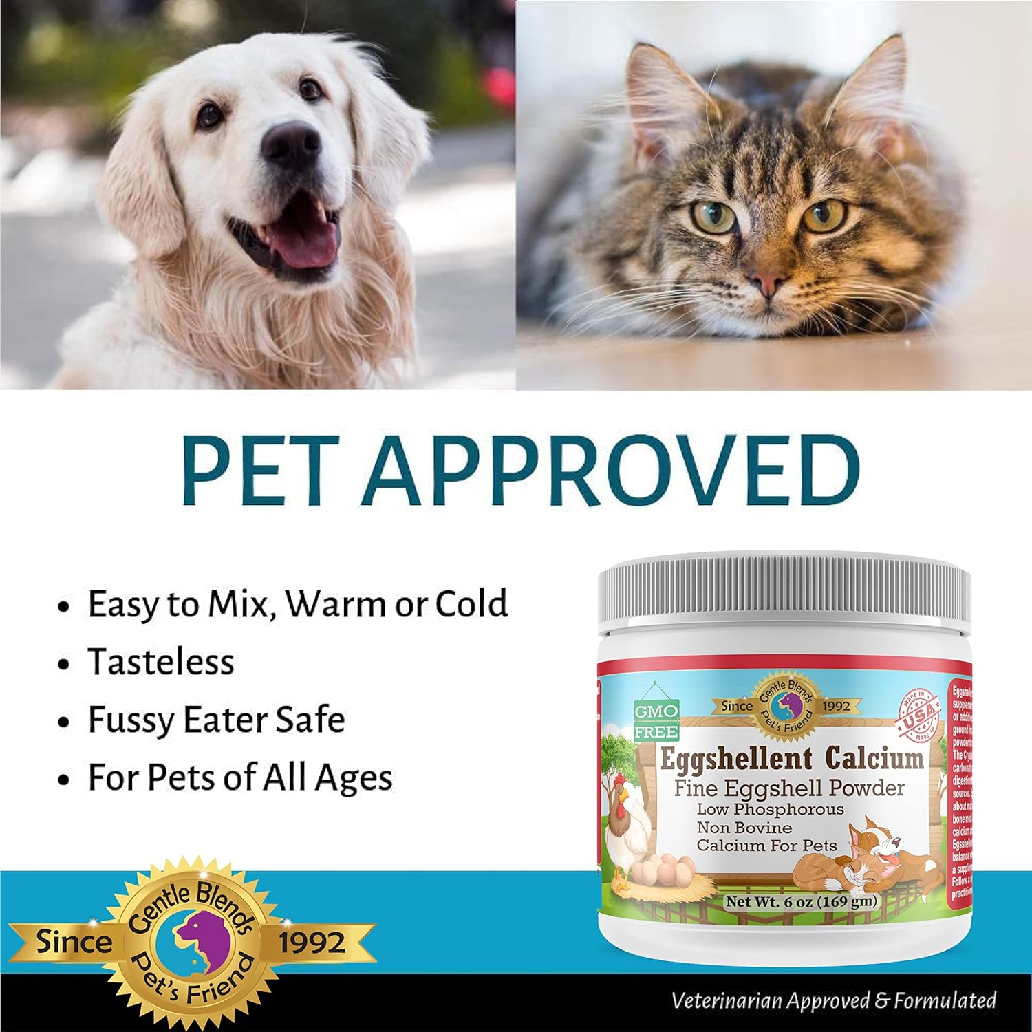 Pet's Friend Eggshellent Calcium 6oz - Calcium Supplement for Dogs and Cats - Natural Hip & Joint Support - Fine Eggshell Powder - No Additives - Dietary Supplement