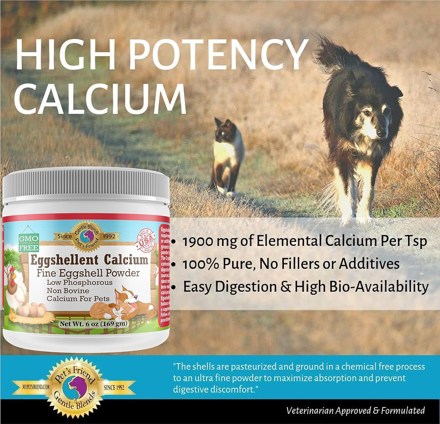 Pet's Friend Eggshellent Calcium 6oz - Calcium Supplement for Dogs and Cats - Natural Hip & Joint Support - Fine Eggshell Powder - No Additives - Dietary Supplement