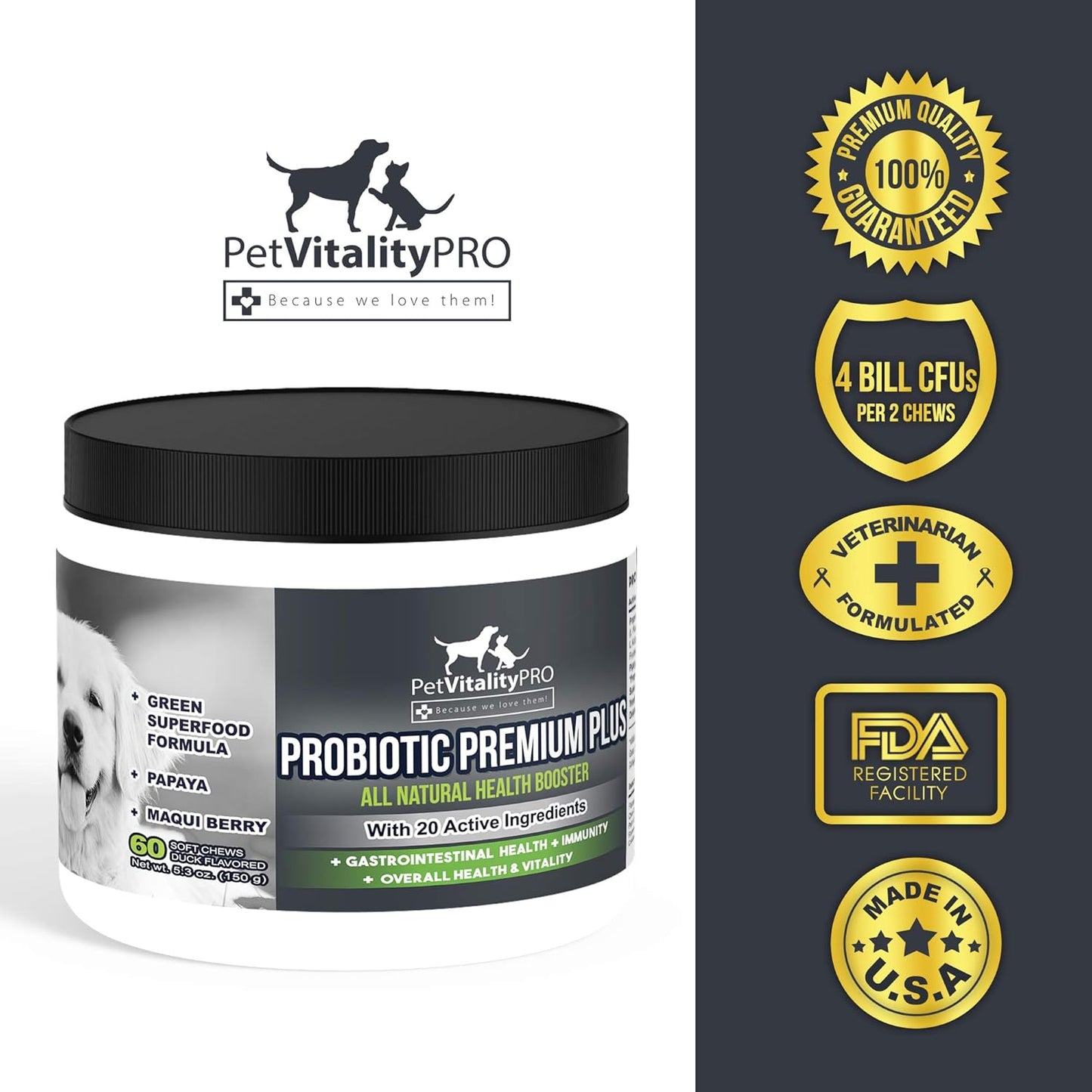PetVitalityPRO Probiotic Soft Chews for Dogs with Digestive Enzymes - 4 Billion CFUs - Supports Gut Health and Immune System - 60 Count