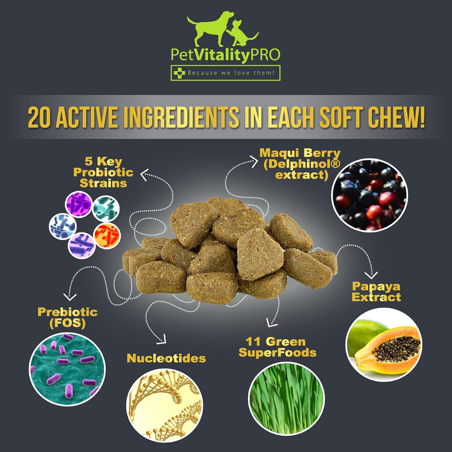 PetVitalityPRO Probiotic Soft Chews for Dogs with Digestive Enzymes - 4 Billion CFUs - Supports Gut Health and Immune System - 60 Count