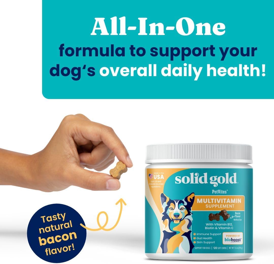 PetVites Solid Gold Multivitamin Chewable Supplement for Dogs - 120 Count - Vitamin C, A, B12, E, Probiotics, Antioxidants - Promotes Immune Health & Digestive Wellness