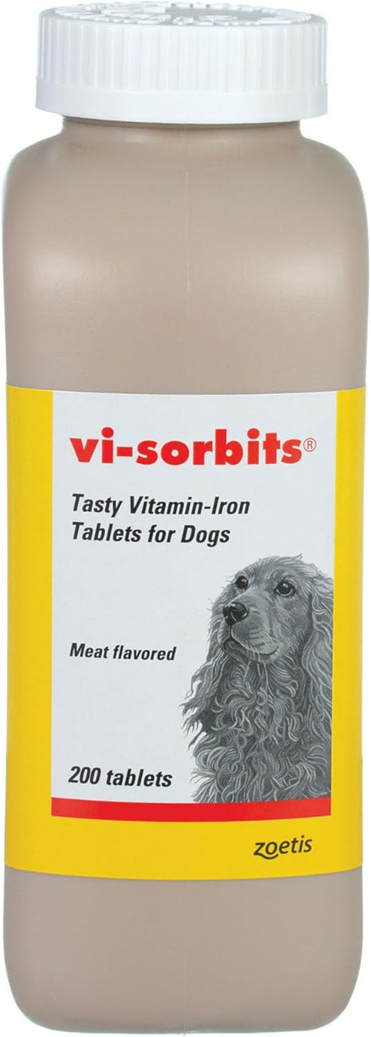 Pfizer Vi-Sorbits Iron Supplement for Dogs, Meat-Flavored Tablets, 200 Count Bottle - Vitamins and Minerals Included