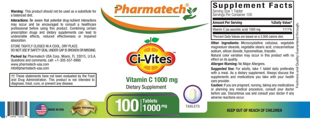 Pharmatech® Ci-Vites 1000mg Vitamin C Supplements for Immune Support - High Potency Antioxidant Tablets, USA Made, Sugar Free - 100 Count