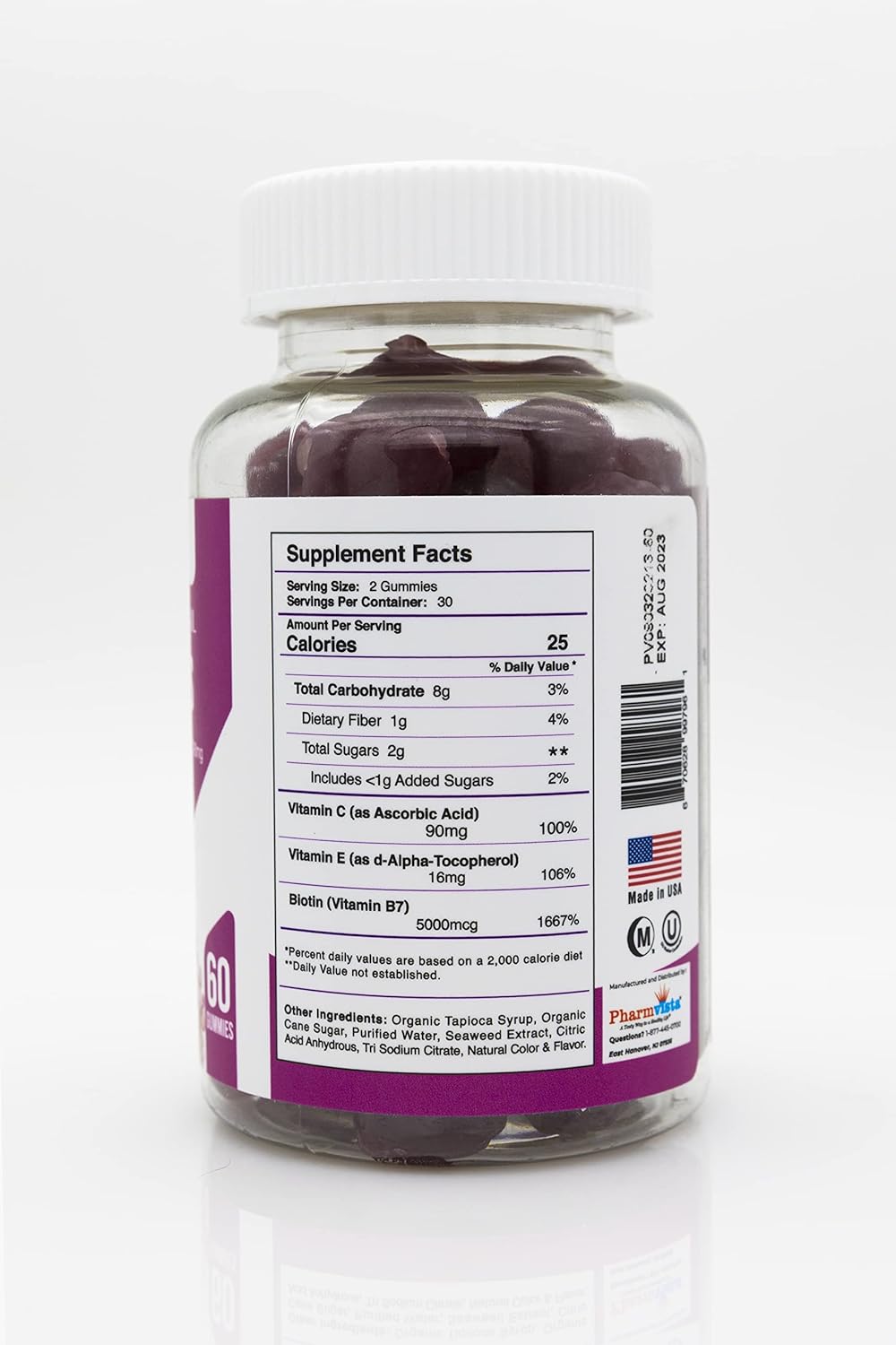 Pharmvista Biotin Vitamin Gummies for Hair, Skin, and Nails - Vegan, Gluten-Free, Non-GMO - 60 Count