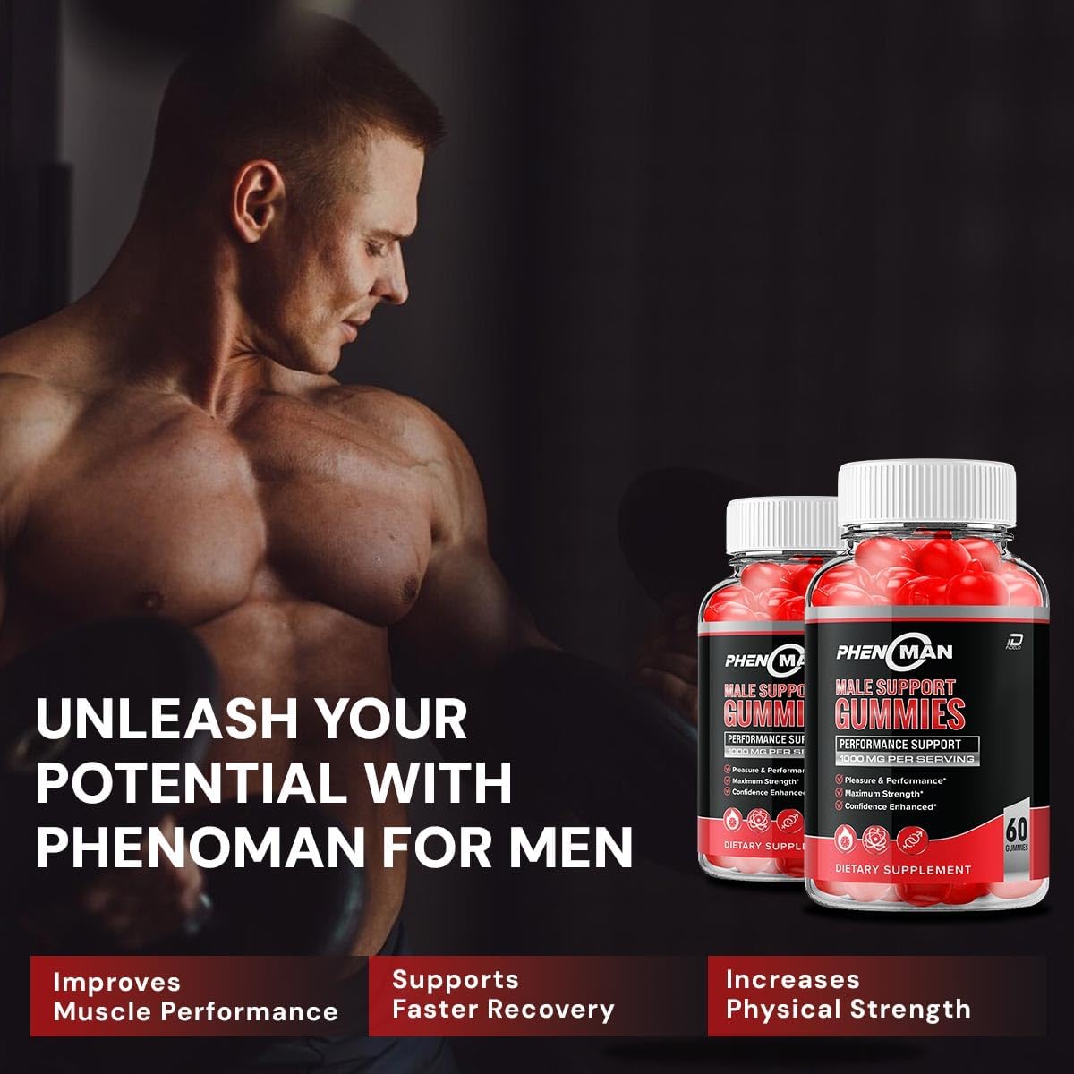 Pheno Man Max Performance Gummies - Advanced Formula for Muscle Growth & Health Support (1 Pack, 60 Gummies)