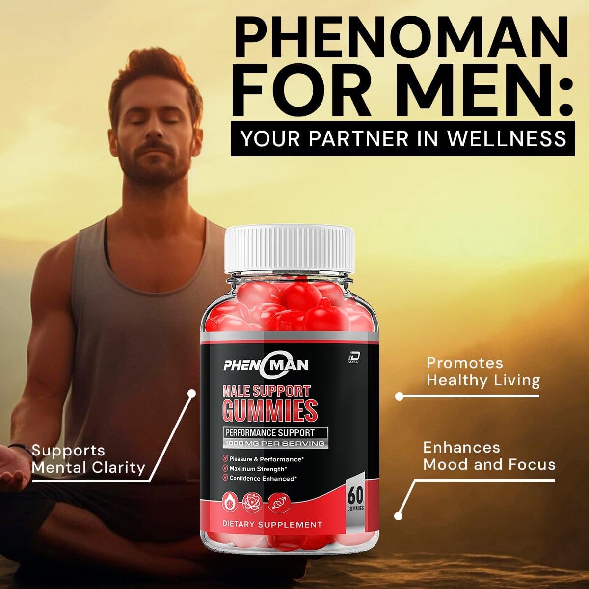 Pheno Man Max Performance Gummies - Advanced Formula for Muscle Growth & Health Support (1 Pack, 60 Gummies)