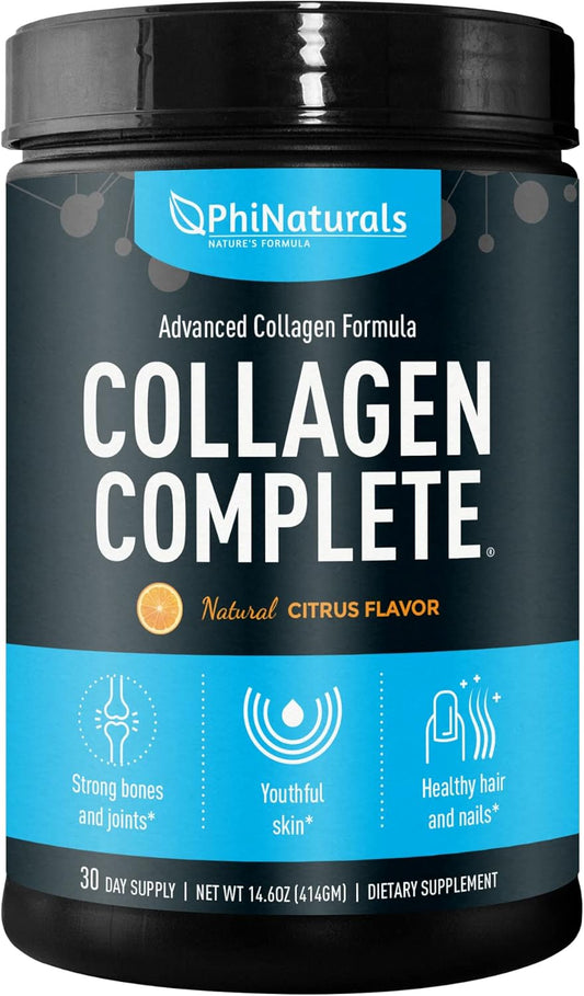 PhiNaturals Collagen Complete: Citrus Flavored Protein Blend with 8 Collagen Boosters & Hydrolyzed Peptides - Anti-Aging Supplement for Skin, Hair, Nails, Bones, Joints - Includes Hyaluronic Acid