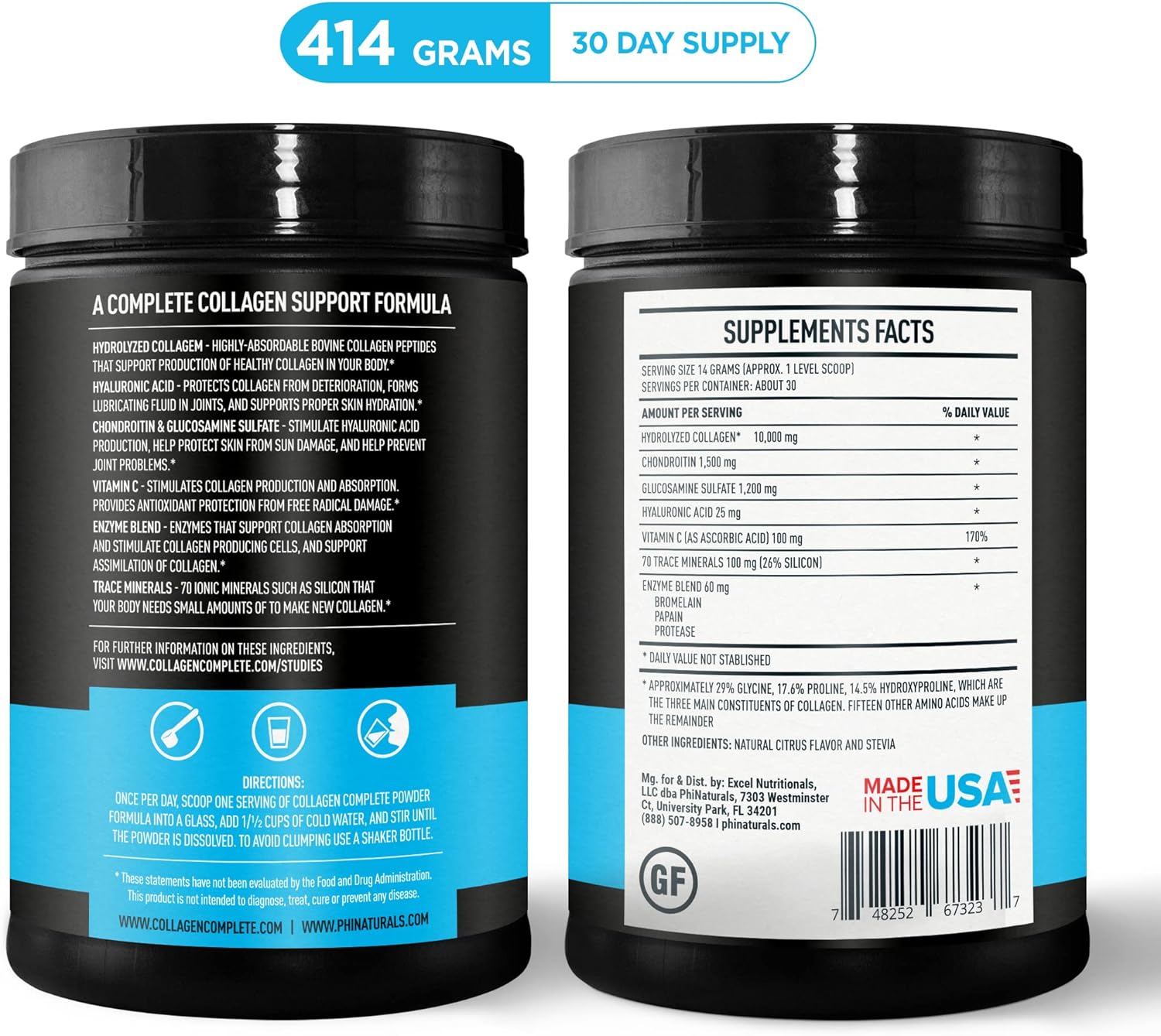 PhiNaturals Collagen Complete: Citrus Flavored Protein Blend with 8 Collagen Boosters & Hydrolyzed Peptides - Anti-Aging Supplement for Skin, Hair, Nails, Bones, Joints - Includes Hyaluronic Acid