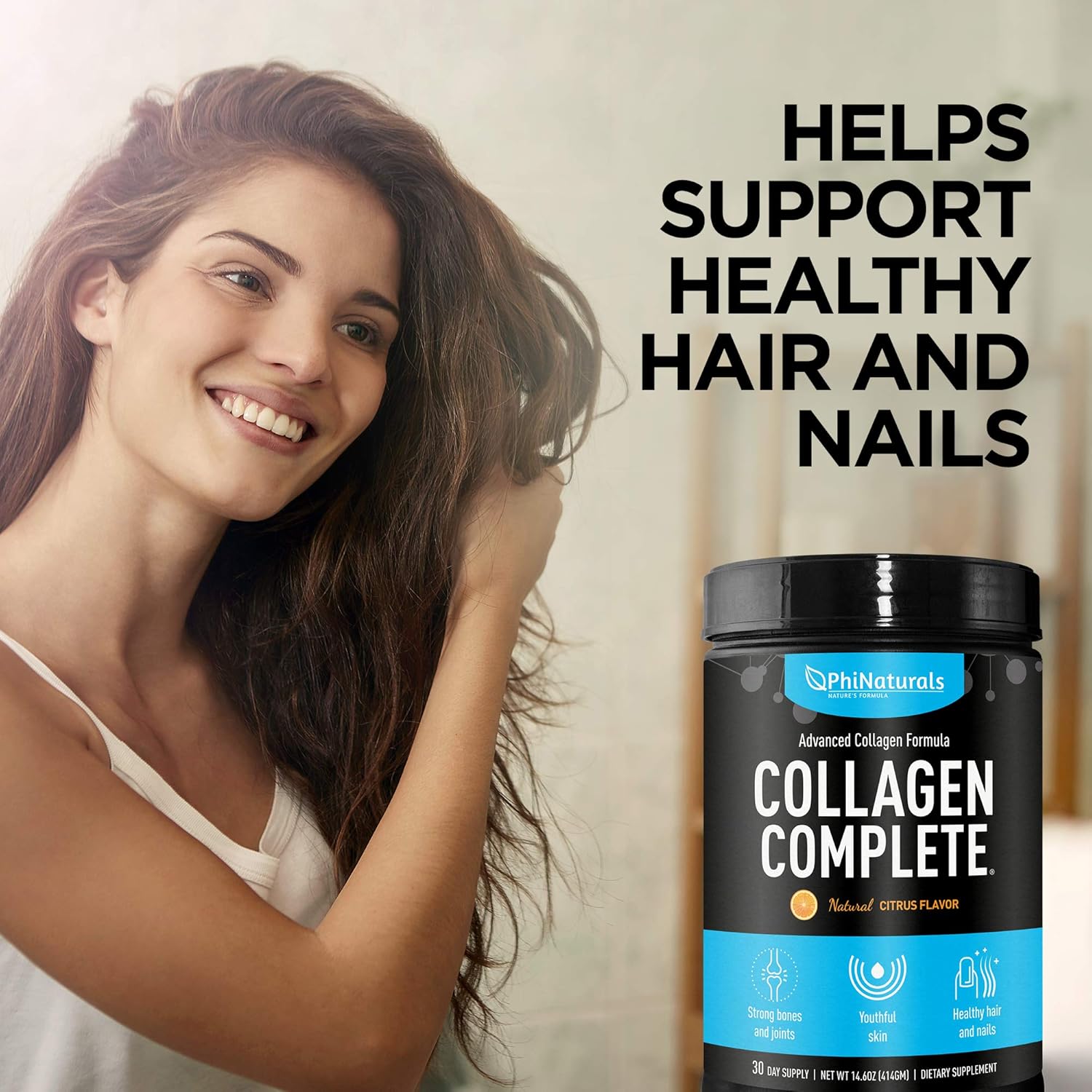 PhiNaturals Collagen Complete: Citrus Flavored Protein Blend with 8 Collagen Boosters & Hydrolyzed Peptides - Anti-Aging Supplement for Skin, Hair, Nails, Bones, Joints - Includes Hyaluronic Acid
