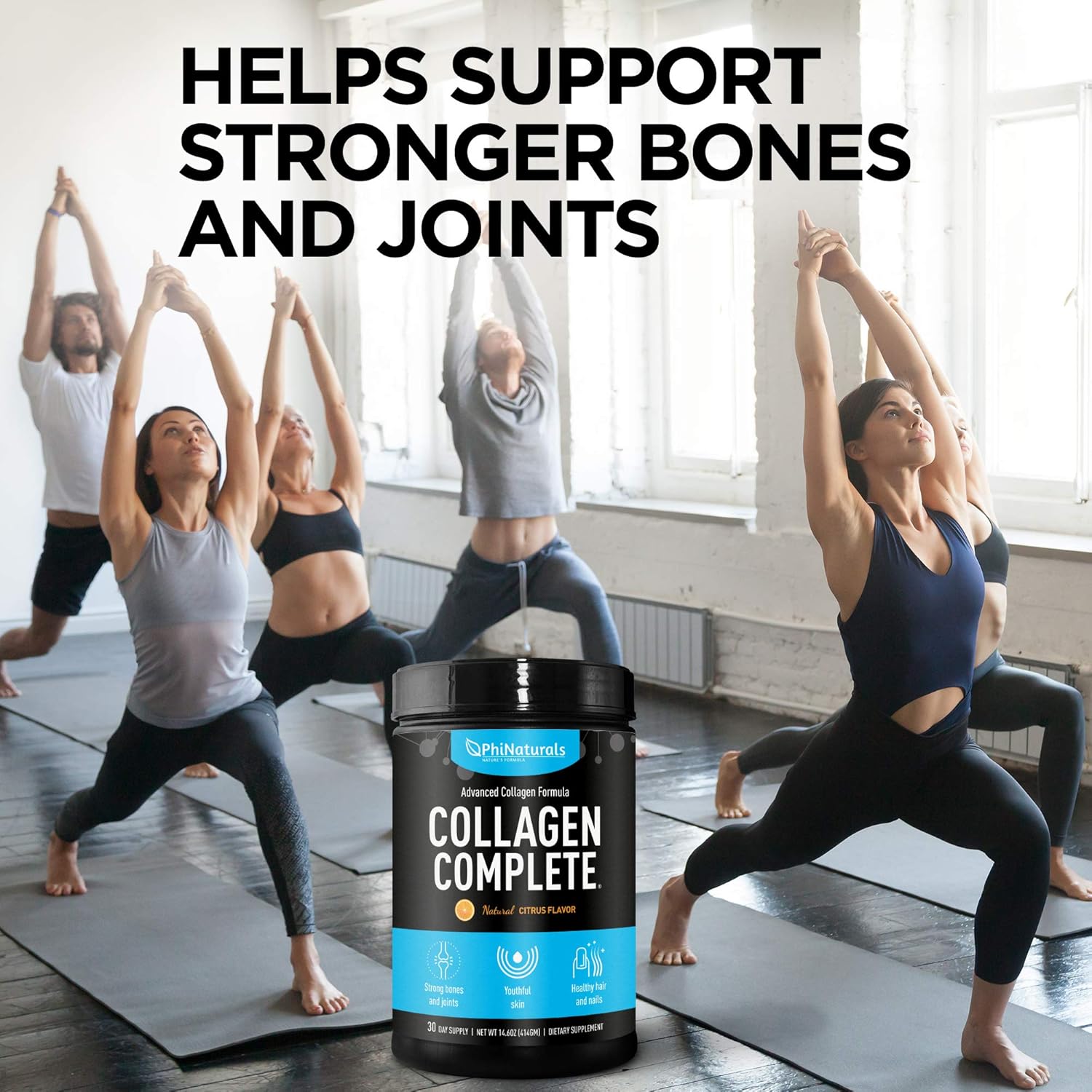 PhiNaturals Collagen Complete: Citrus Flavored Protein Blend with 8 Collagen Boosters & Hydrolyzed Peptides - Anti-Aging Supplement for Skin, Hair, Nails, Bones, Joints - Includes Hyaluronic Acid