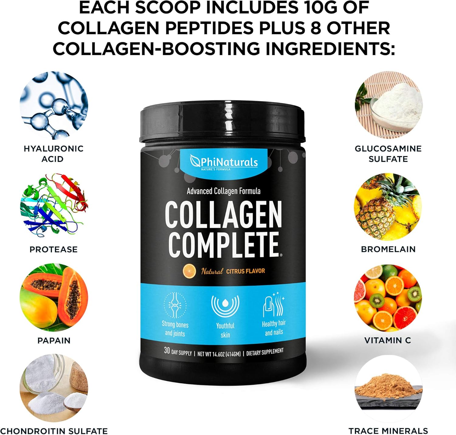 PhiNaturals Collagen Complete: Citrus Flavored Protein Blend with 8 Collagen Boosters & Hydrolyzed Peptides - Anti-Aging Supplement for Skin, Hair, Nails, Bones, Joints - Includes Hyaluronic Acid