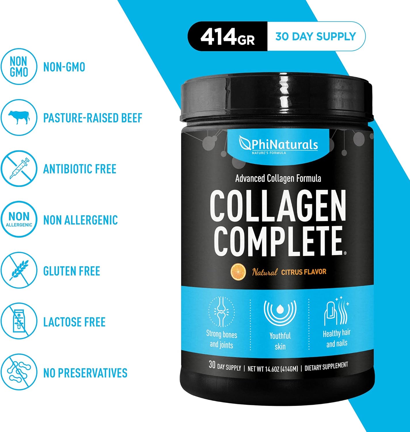 PhiNaturals Collagen Complete: Citrus Flavored Protein Blend with 8 Collagen Boosters & Hydrolyzed Peptides - Anti-Aging Supplement for Skin, Hair, Nails, Bones, Joints - Includes Hyaluronic Acid