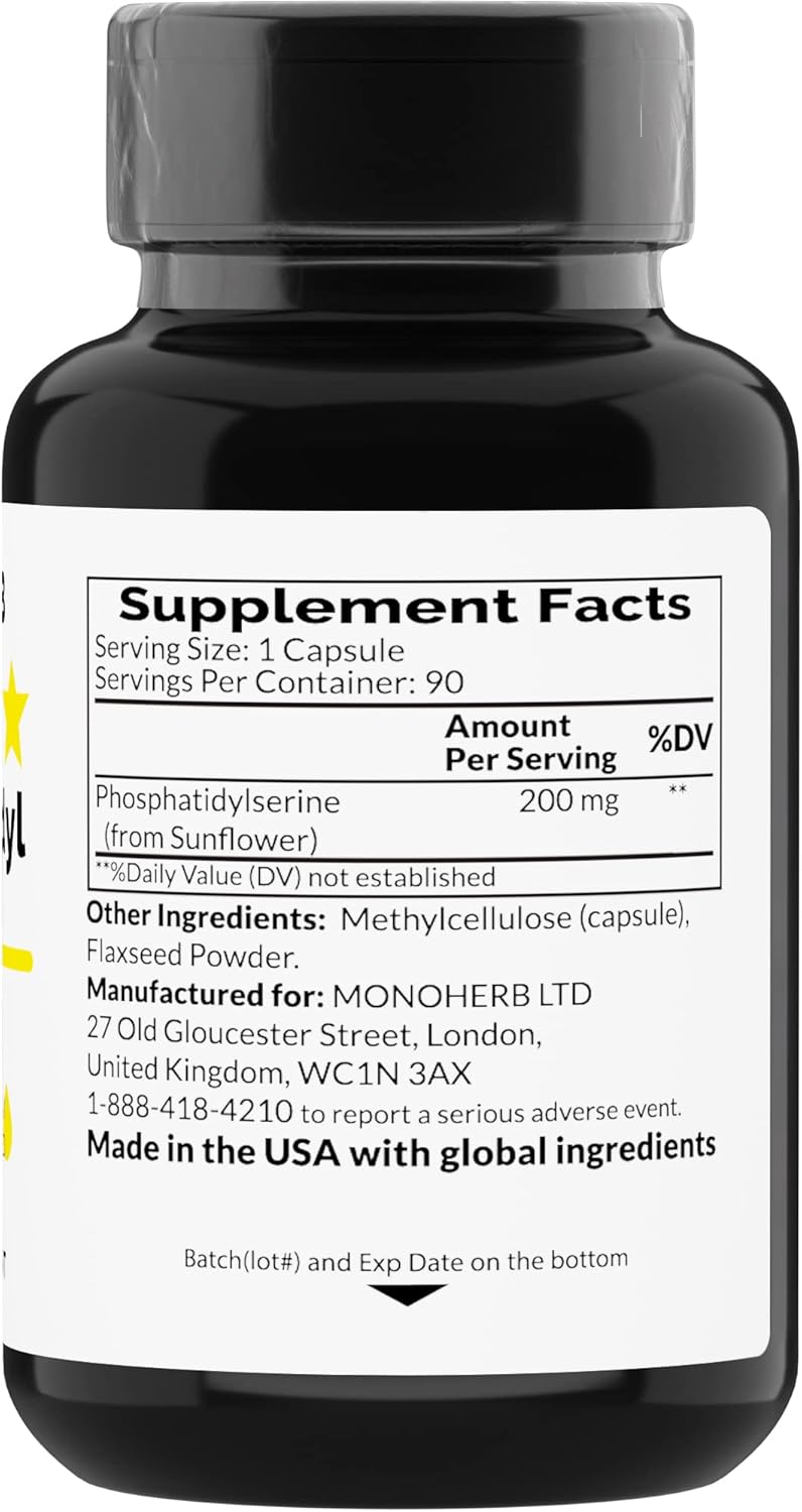 PhosphatidylSerine 200mg Complex - 90 Vegan Capsules with Omega 3 - Soy Free - Non GMO by MONOHERB