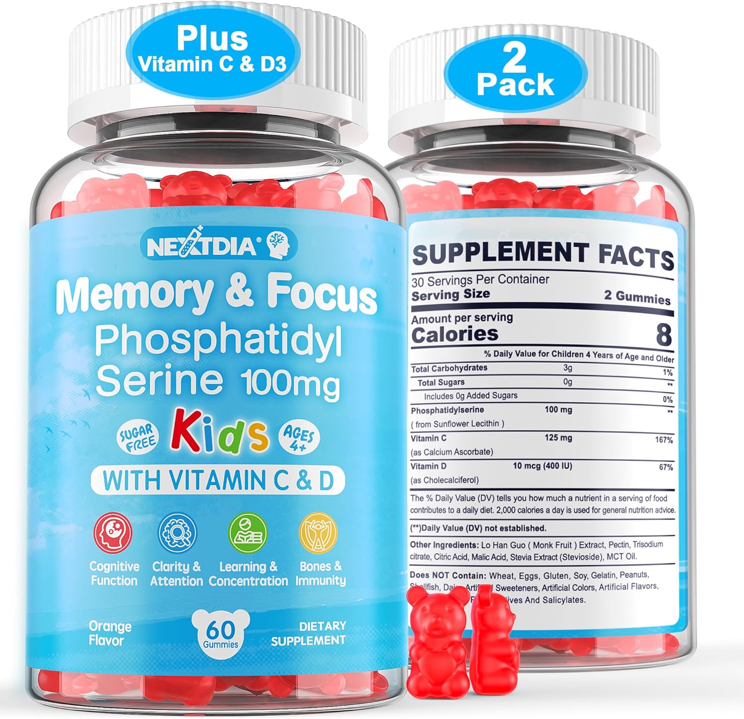 Phosphatidylserine Focus Gummies for Kids & Teens with Vitamin C & D3 - Sugar Free Brain Support, Chewable Vegan Supplement (2 Pack)