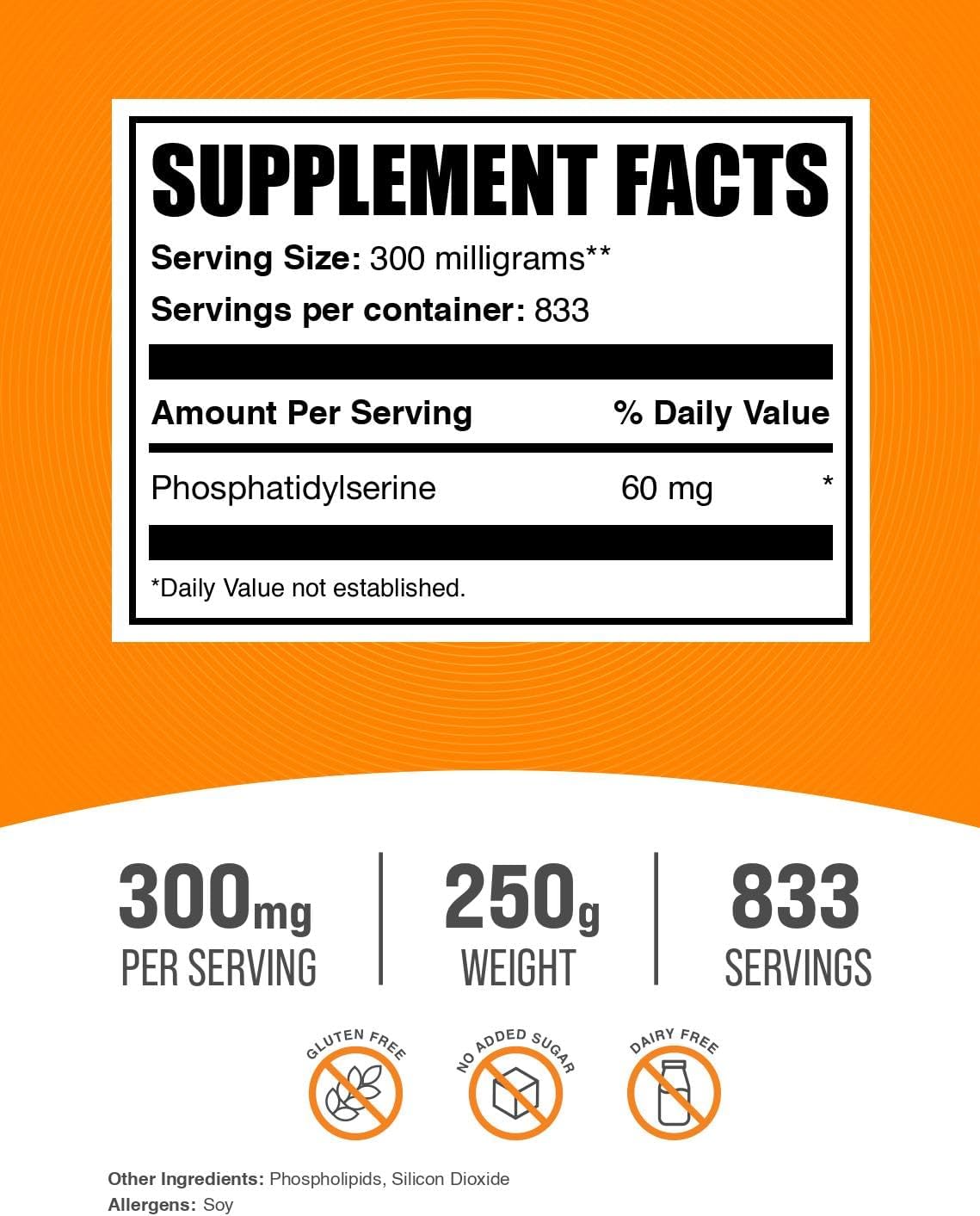 Phosphatidylserine Powder Supplement - 300mg per Serving - Soy Bean Sourced - 250g (8.8 oz) Pack