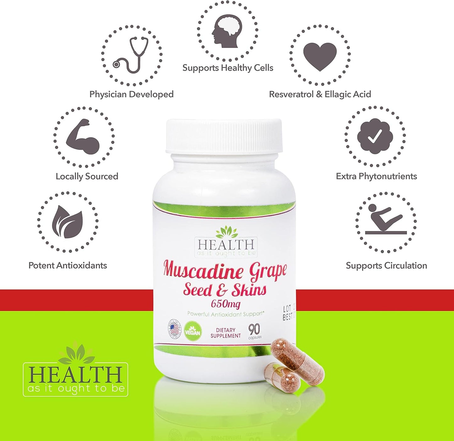 Physician Formulated Muscadine Grape Seed & Skins Supplement for Powerful Antioxidant Support | 650mg Capsules for Enhanced Health | 90 Count