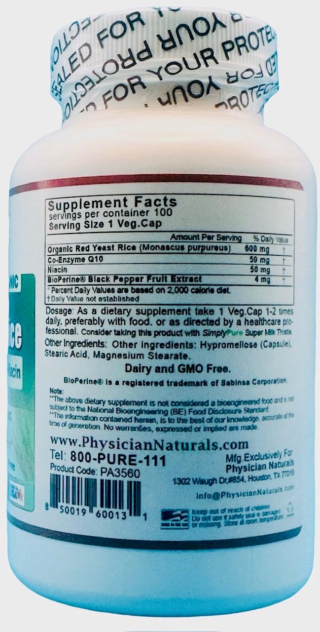 Physician Naturals Organic Red Yeast Rice with CoEnzyme Q10 and Piperine 600mg - High Absorption - 100 Veg Capsules - 1200mg per Serving
