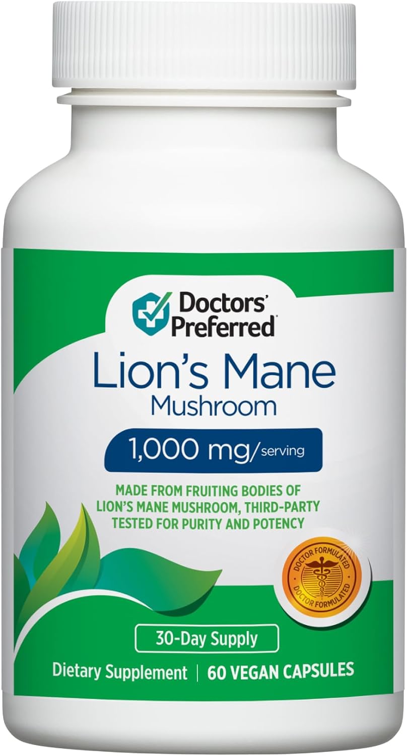 Physician-Recommended Lion's Mane Mushroom Supplement - 1,000 mg per Serving, 60 Vegan Capsules for Brain Health and Wellness. (30-Day Supply)