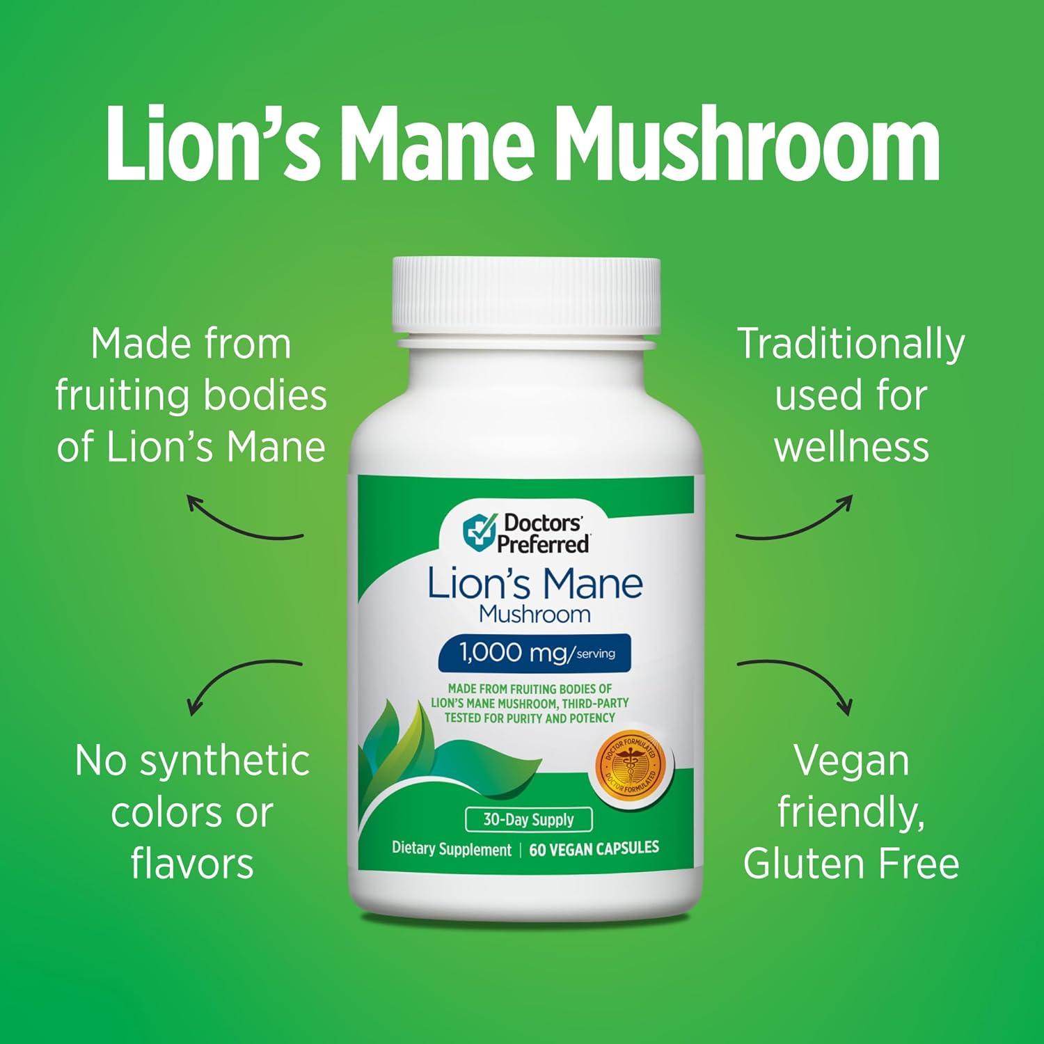 Physician-Recommended Lion's Mane Mushroom Supplement - 1,000 mg per Serving, 60 Vegan Capsules for Brain Health and Wellness. (30-Day Supply)